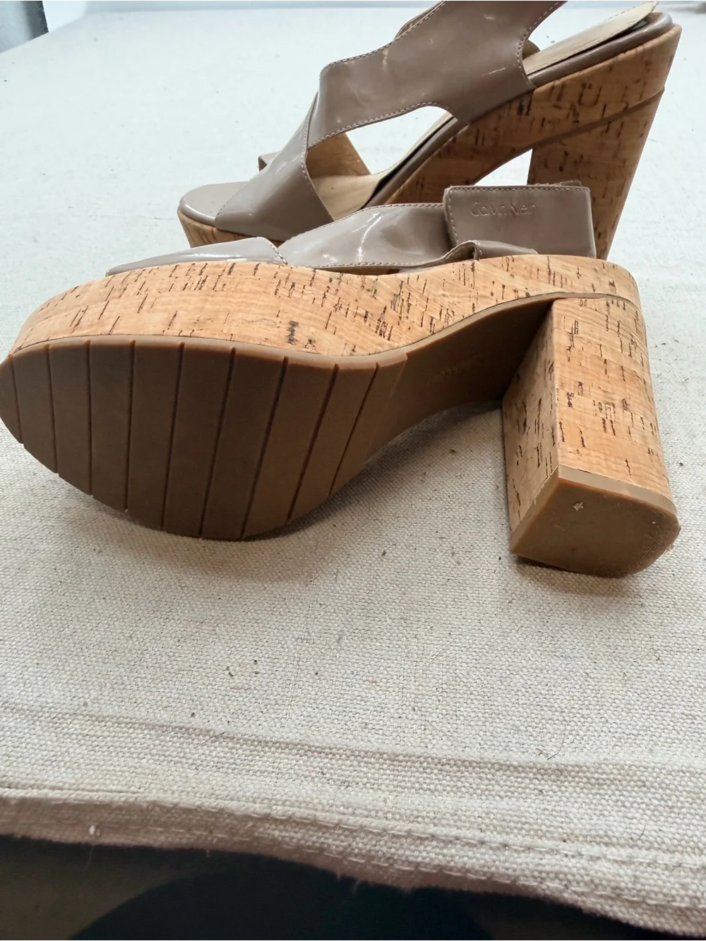 Calvin Klein Neutral Patent Cork Platform Sandals